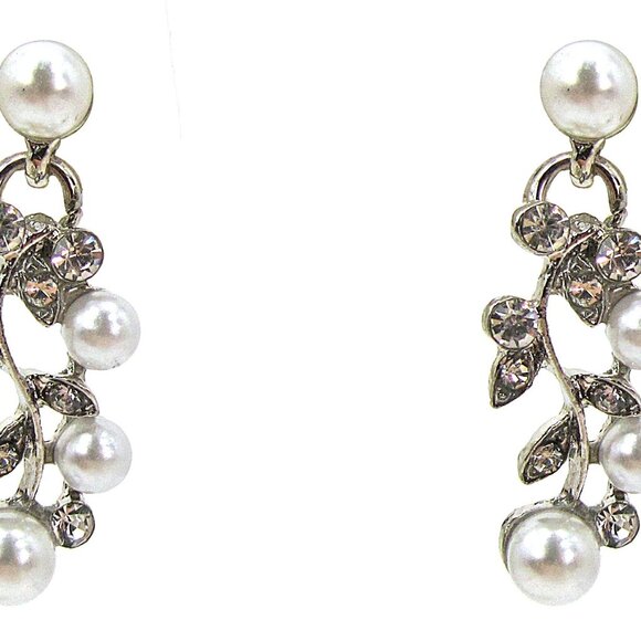 White pearl and crystal necklace and earring set in a V shape neck design, - Picture 6 of 8